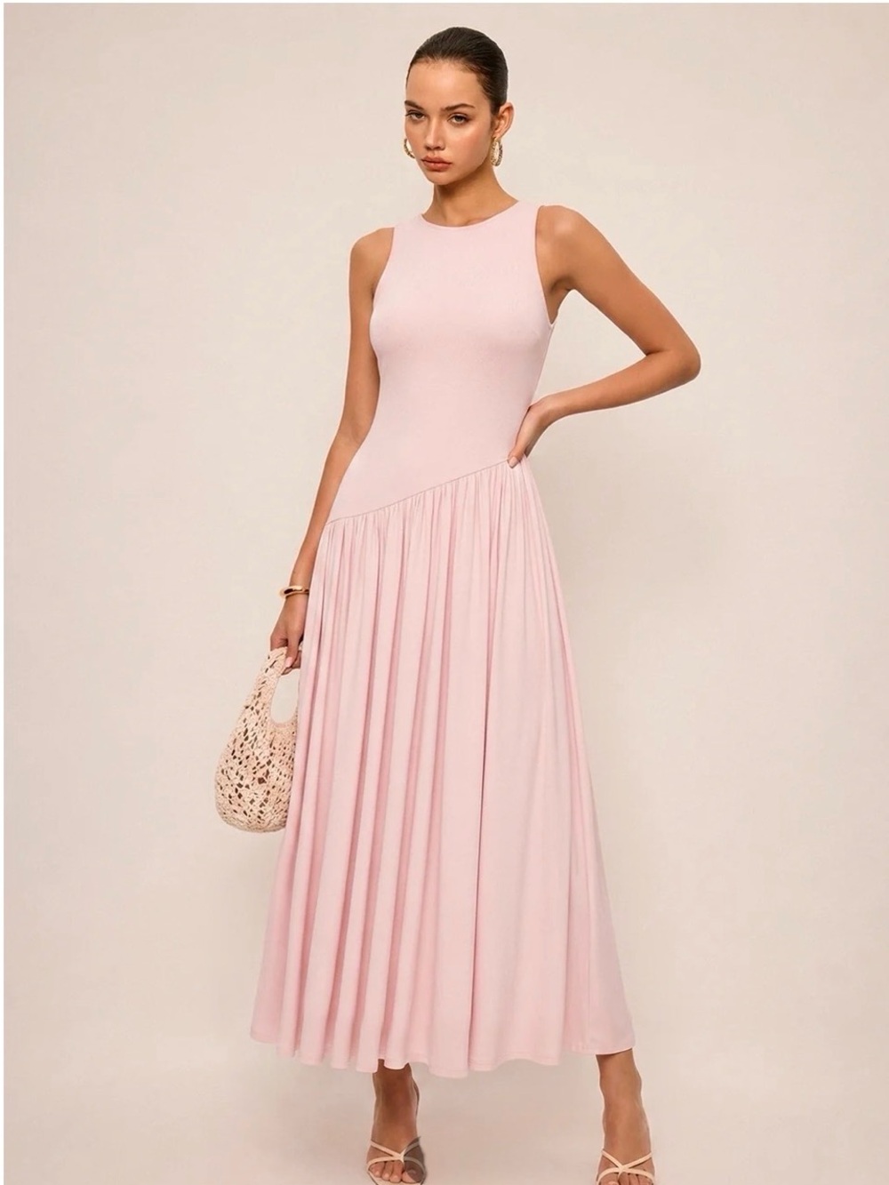 Sleeveless Blush Pink Maxi Dress with Pleated Skirt